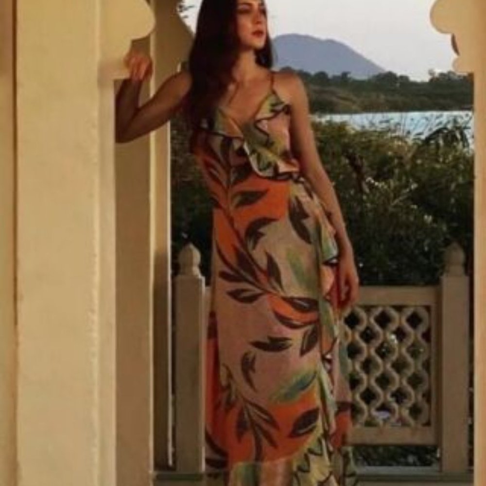 Anthropologie Orange and Green Leaf-Print Midi Dress